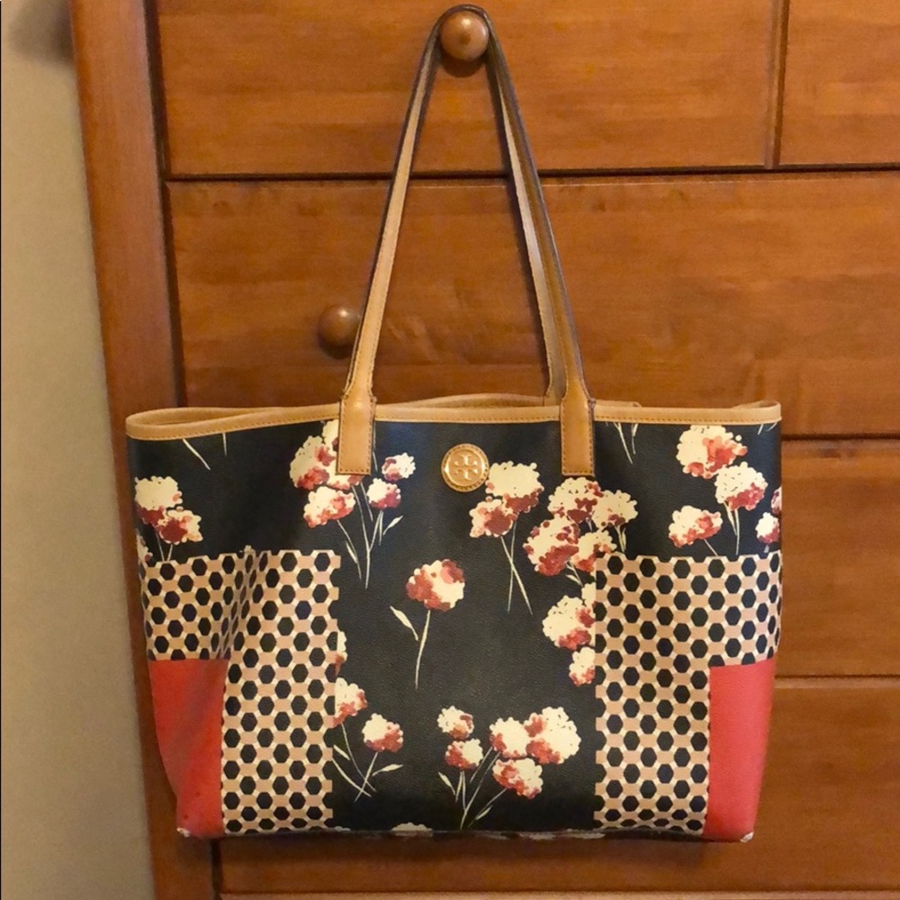 Tory Burch Floral and Polka Dot Tote - Black, Red, Tan